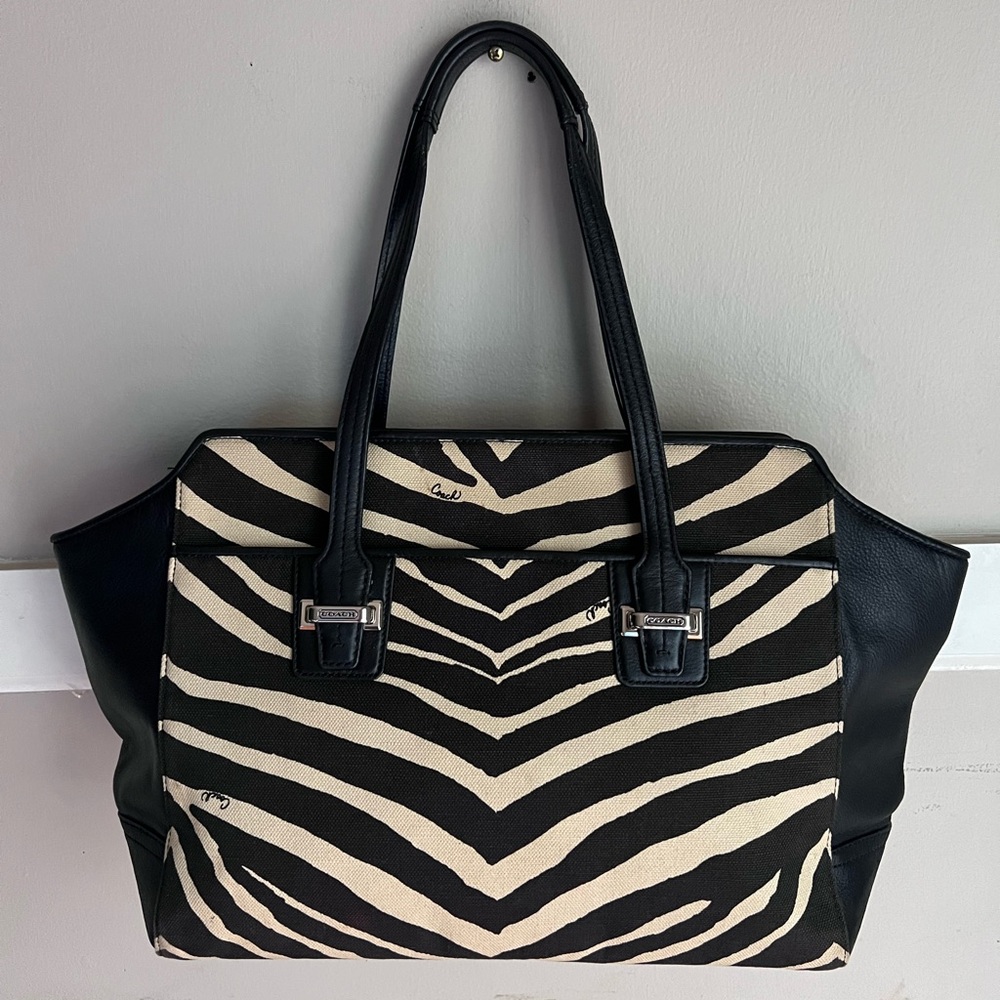 Coach Taylor zebra print canvas and black leather tote handbag, model F27009